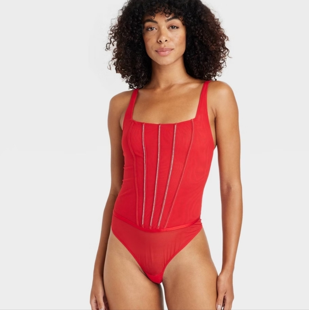 One-Piece Lingerie With Rhinestone Studs - Auden -Red - XS
